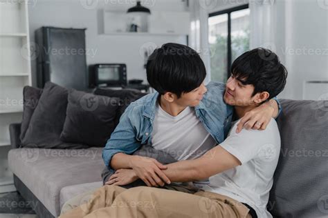 Young Asian Gay Couple Hug And Kiss At Home Attractive Asian Lgbtq Pride Men Happy Relax Spend
