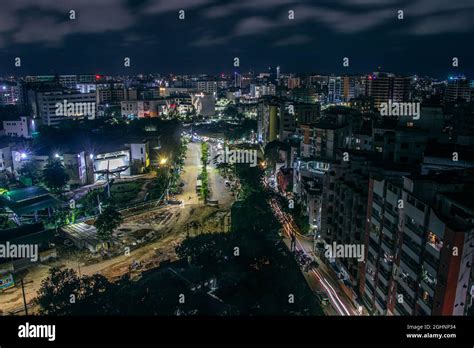 Night At Dhaka City Long Exposure Street Traffic And Cloudy Sky Stock