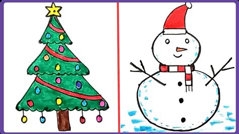 How To Draw Christmas Tree And Snow Man Very Easy Step By Step With Dots Christmas Drawing