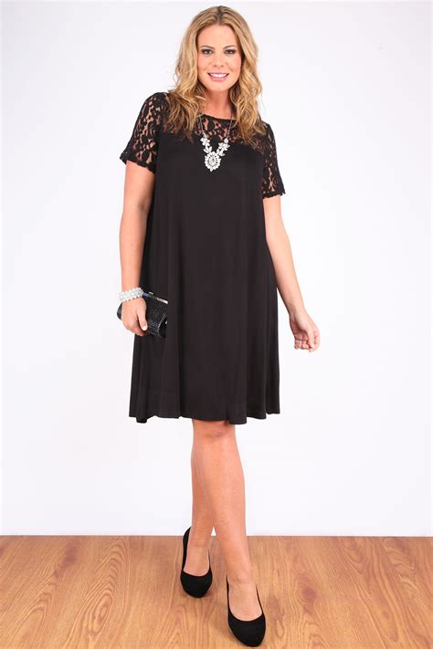 Black Swing Dress With Lace Contrast Plus Size 16 18 20 22 24 26 28 30 32