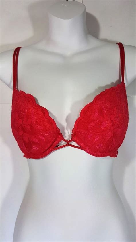 Victorias Secret Bombshell Push Up Plunge Bra 34 C Red Lace Padded Underwire Bombshell