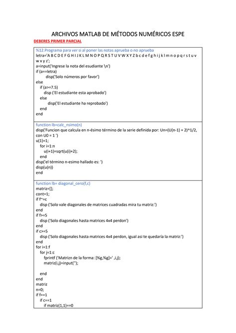 SOLUTION Archivos Matlab Talleres Deberes Y Pruebas M Todos Num Ricos Espe Studypool