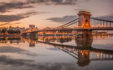 Wallpaper Hungary Budapest Chain Bridge Danube River Dusk Lights
