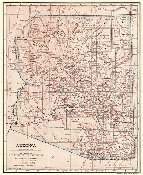 1907 Antique Arizona Map Vintage State Map Of Arizona Gallery Wall Art