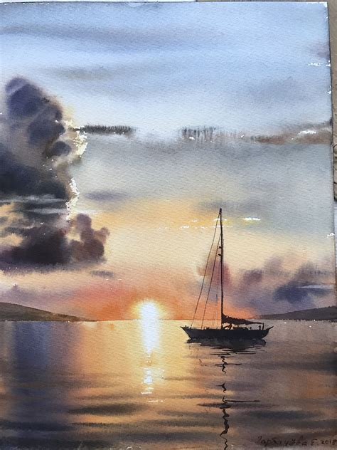 Sailing Yacht And Fire Sunset Watercolor Painting Original Art