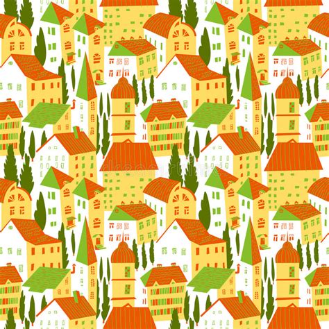 Seamless Pattern With Houses Cute City Vector Illustration Arc Stock