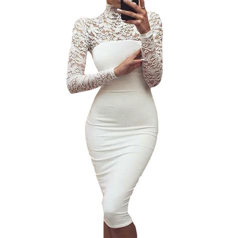 Sexy Women White Lace Dress New Turtleneck Long Sleeve Club Factory