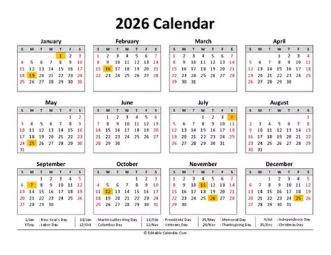 Download 2026 Editable Calendar With Us Holidays Weeks Start On Sunday