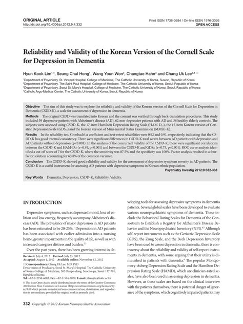 Pdf Reliability And Validity Of The Korean Version Of The Cornell