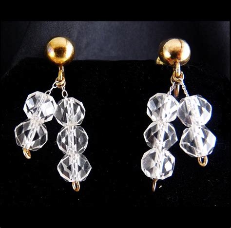 Art Deco Rock Crystal Quartz Bead Drop Earrings Gold Filled Screw On
