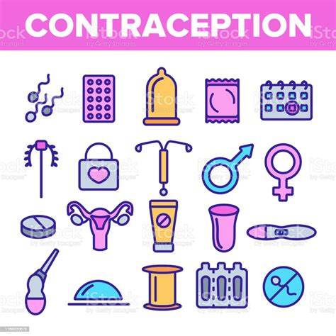 Contraception Linear Vector Icons Set Thin Pictogram Stock Illustration