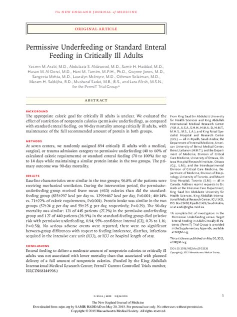 Pdf Permissive Underfeeding Or Standard Enteral Feeding In Critically