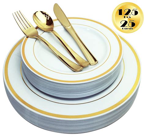 Jl Prime 125 Piece Gold Plastic Plates And Cutlery Set Heavy Duty