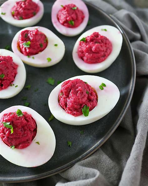 Beet Deviled Eggs A Mayo Free Recipe By Savory Spin