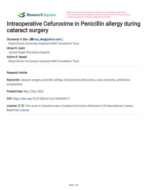 Pdf Intraoperative Cefuroxime In Penicillin Allergy During Cataract