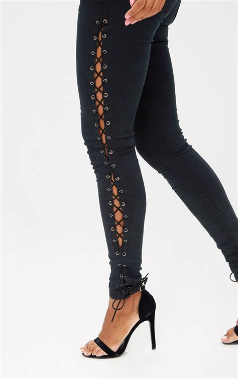 Black Lace Up Skinny Jean Denim Prettylittlething Usa