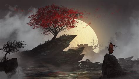 Wallpaper Digital Art Samurai Warrior Landscape Sunset