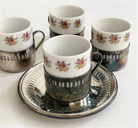 Demitasse Tea Cup Espresso Cup Set Floral Ceramic Silver Plate Saucer