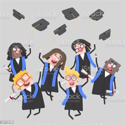 Graduate Students Jumping With Their Caps In The Air Stock Illustration