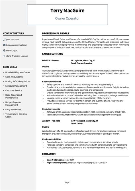 Owner Operator Resume Example Guide Land Job Interviews