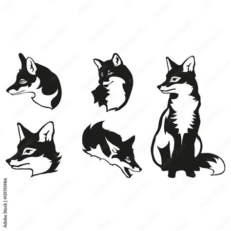 Set Of Five Black Logo Silhouettes Of Fox Illustration Isolated On