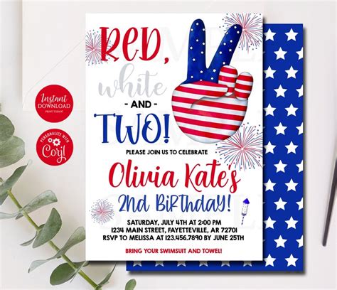 Editable Red White And Two Birthday Invitation 4th Of July Etsy