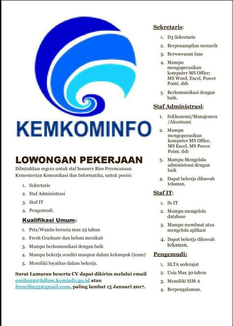 Lamar lowongan pekerjaan terbaru juni 2021 di jobs.id dalam bidang sales, marketing, administrasi, it, design, accounting, dll. Lowongan Kementerian Komunikasi dan Informatika - Career Development Center Unikom