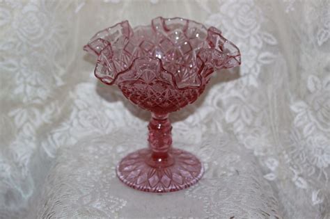 Fenton Purple Lilac Diamond Compote Candy Dish Rare Signed Stemmed Pinch Rim Fenton Glass Art