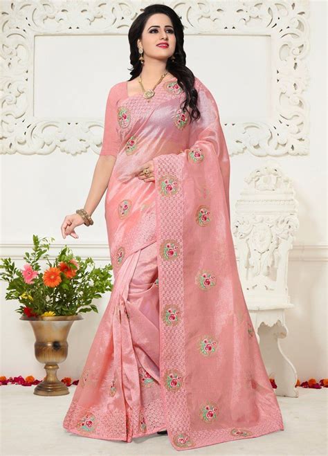 Pink Embroidered Organza Saree With Unstitched Blouse Saree Designs