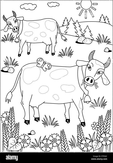 Coloring Page With Spotted Milk Cows Grazing On The Pasture Coloring