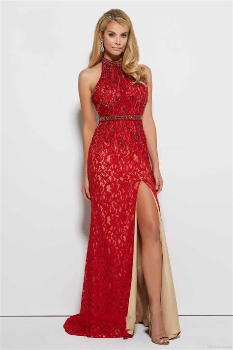 new arrival red nude lace evening dresses 2016 cheap high neck crystal beaded side split