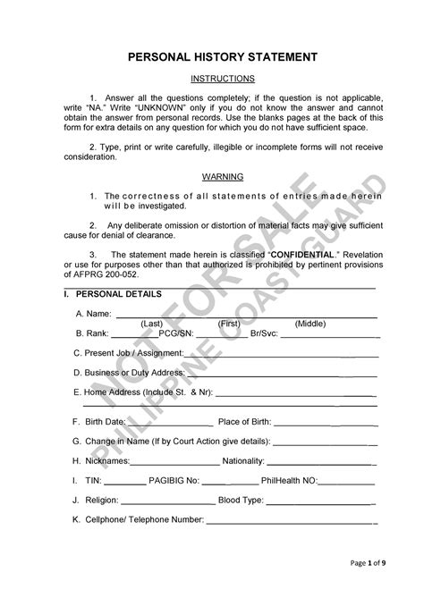 Personal History Sheet Form Personal History Statement Instructions