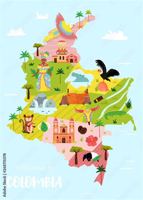 Bright Illustrated Map Of Colombia Travel Banner Vector De Stock