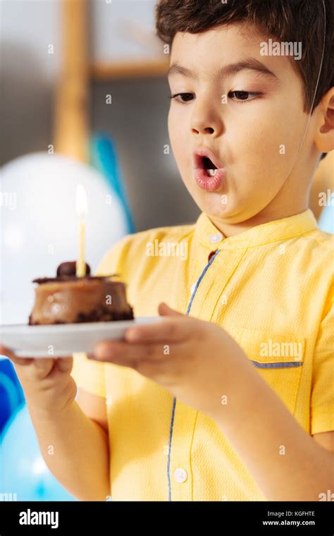 Cute Little Boy Blowing Out Candle On His Birthday Cake Stock Photo Alamy