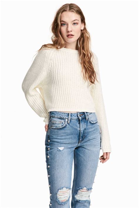White Soft Rib Knit Sweater With A Slightly Wider Ribbed Neckline