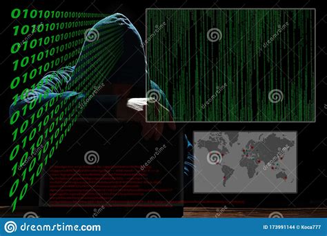 Hacker With Laptop And Abstract Binary Code Stock Photo Image Of