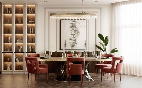 Modern Contemporary Dining Room With Red Upholstered Dining Chairs And