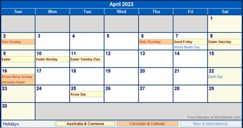 April 2023 Australia Calendar With Holidays For Printing Image Format