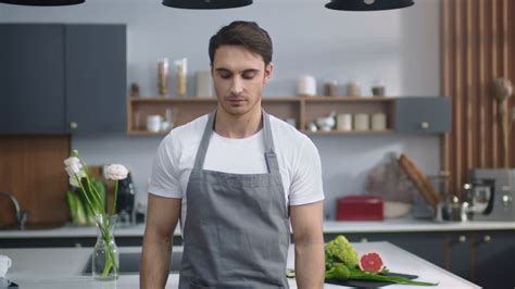 Portrait Of Smiling Chef Man Standing At Home Kitchen Happy Male Professional Preparing For