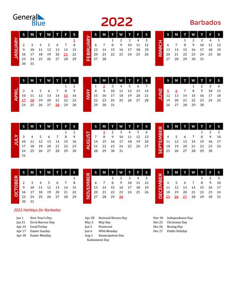2022 Barbados Calendar With Holidays
