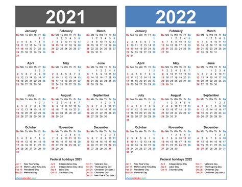 2021 And 2022 Calendar Printable With Holidays
