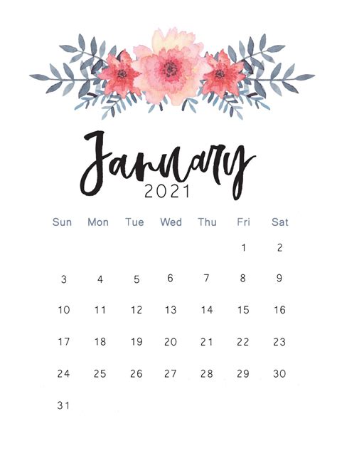 Cute January 2021 Calendar Template Printable Calendar Calendar