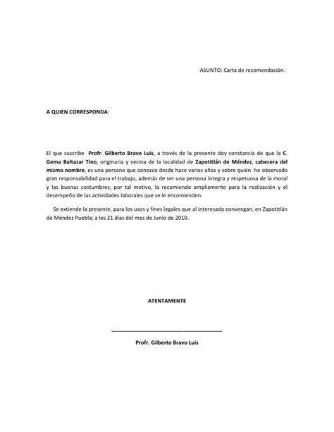 Carta Recomendación Laboral Personal 50 formatos Carta De