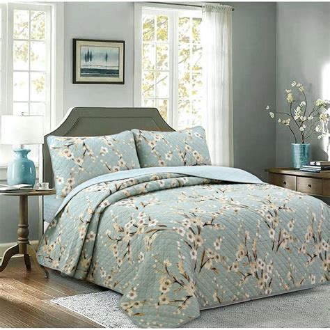 Cozy Line Home Fashions Cherry Blossom Floral 3 Piece Cyan Blue Green