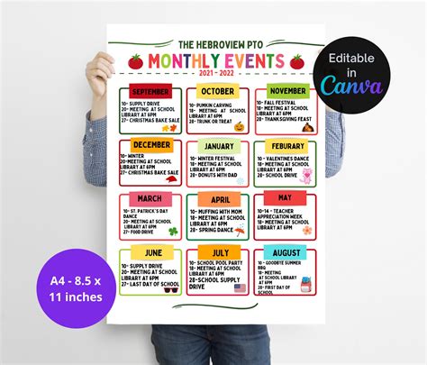Editable Monthly Event Calendar Flyer Template Year At A Etsy