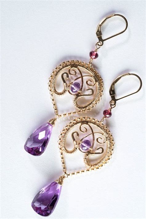 Gold Filigree Chandelier Earrings W Colorful Gemstones Plum