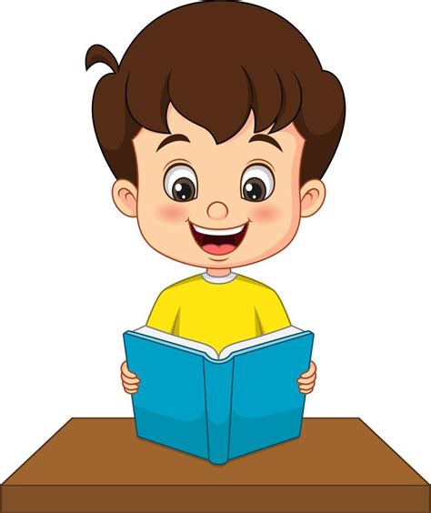 Cartoon Little Boy Reading A Book On The Desk 13041639 Vector Art At