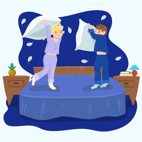 Boy Pillow Fight Illustration In Blue Colors Vector Graphics Stock