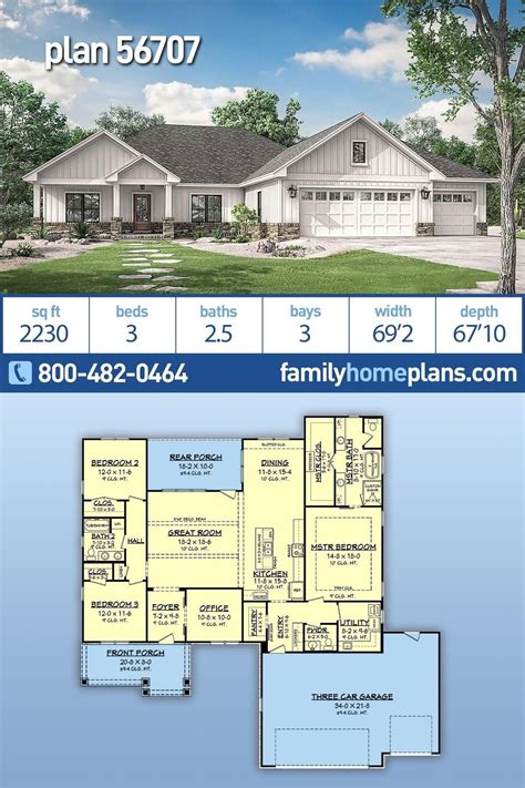 Beautiful Texas Ranch Home Plan #56707 has 3 Bedrooms and 2.5 Bathrooms