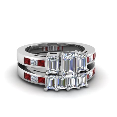 Channel Set 3 Stone Emerald Cut Diamond Wedding Ring Sets With Ruby In